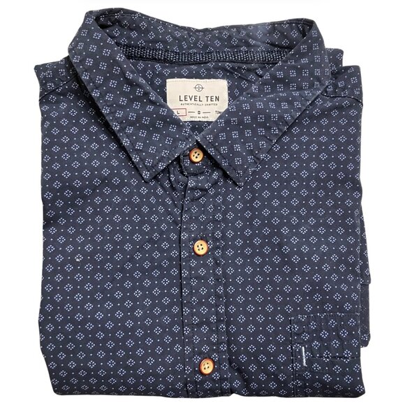 Level Ten Men's Navy Blue Geometric Short Sleeve Button Up Cotton Shirt Large - Picture 1 of 8